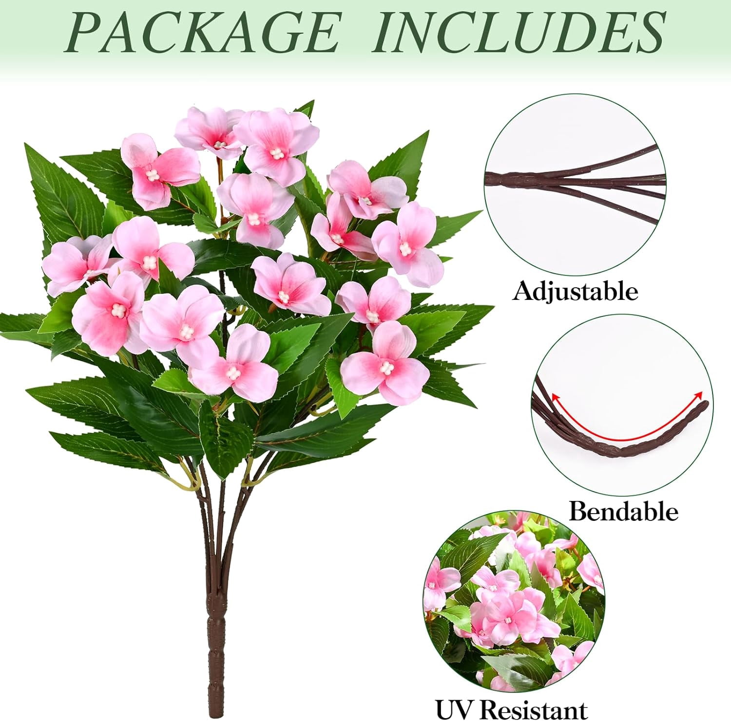5 Ppcs Artificial Flowers for Outdoors, UV Resistant Faux Flowers for Outdoor Planters, Silk Impatiens Bouquet Pink Spring Artificial Plants for Garden Porch Patio Balcony Yard Decoration