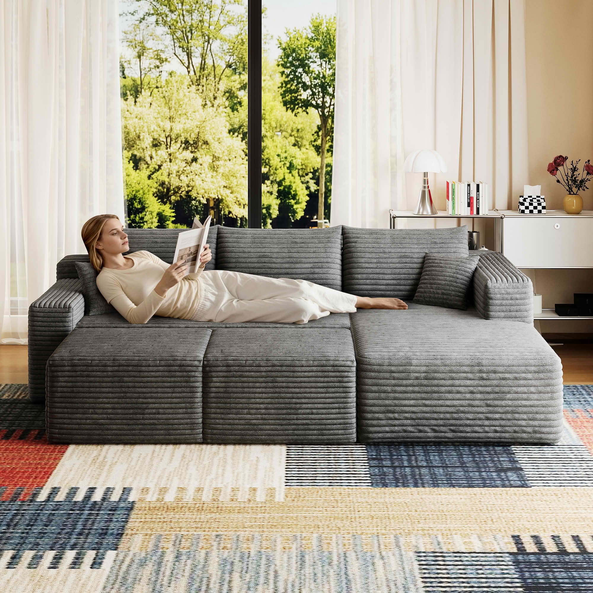 MAYEERTY 95 Inch Cloud Corduroy Sectional Couch, U-Shape Deep Seating Sofa with 2 Ottomans, No Assembly for Home Bedroom