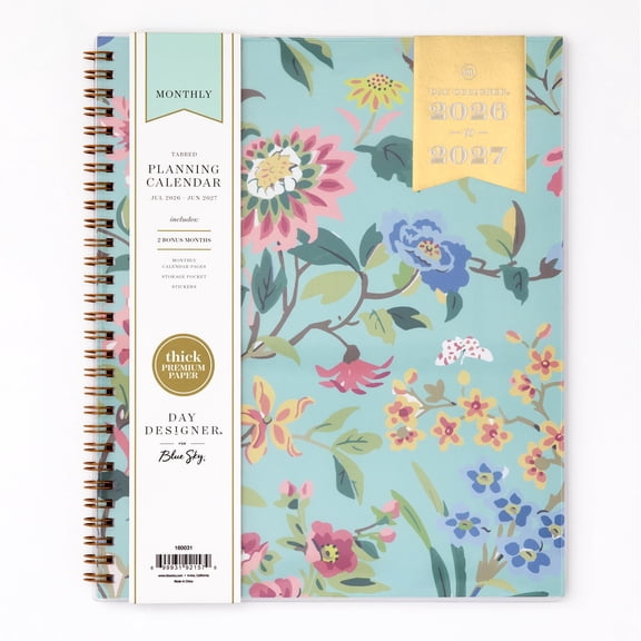 Blue Sky Day Designer 2026-2027 Monthly Academic Year Planner Calendar, July 2026 - June 2027, 8" x 10", Monthly Layout, Flexible Cover, Wirebound, Laminated Tabs, Climbing Floral Mint