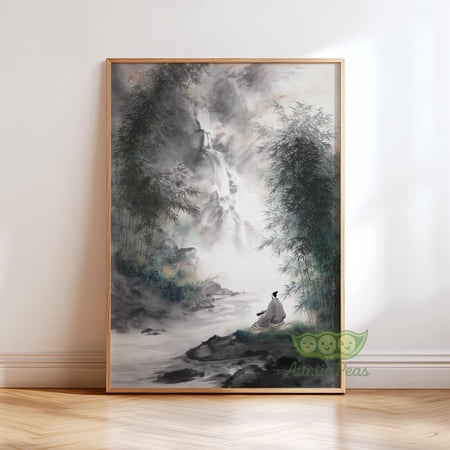 Japanese Waterfall Wall Art Zen Landscape Painting Oriental Nature Print Traditional Ink Wash Mountain Decor Vintage Asian Art Poster Only