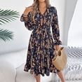 thumbnail image 4 of BRGZLK Women's Floral Dress Summer Trendy Long Sleeve V-Neck Empire Waist Midi Dress Soft Loose Comfortable Solid Color Flowy Wedding Guest Dresses Navy S, 4 of 6