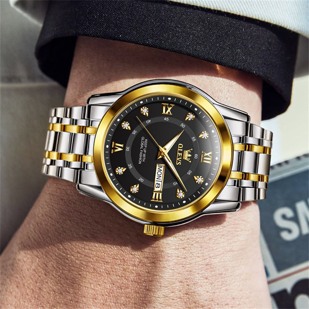 OLEVS Watches for Men Classic Business Dress Analog Quartz Stainless Steel Waterproof Luminous Date Diamond Mens Wrist Watches Relojes De Hombre,Gold/Blue/Black Dial