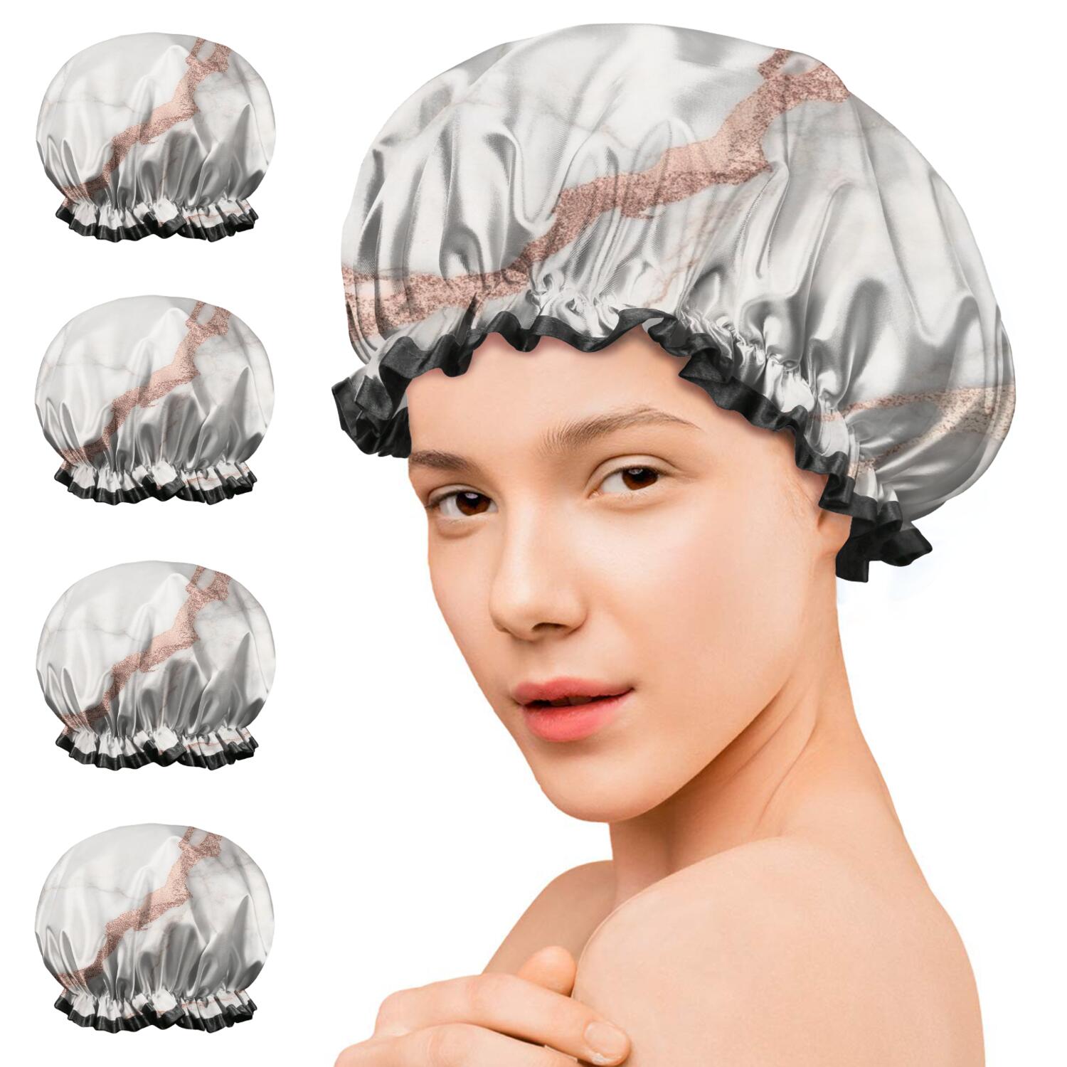 Shower Caps,White Marble Rose Gold Line Pattern Waterproof Shower Cap for Women 4 Pieces,Double Reusable Hair Cover for Shower PEVA Elastic Stretch Hem