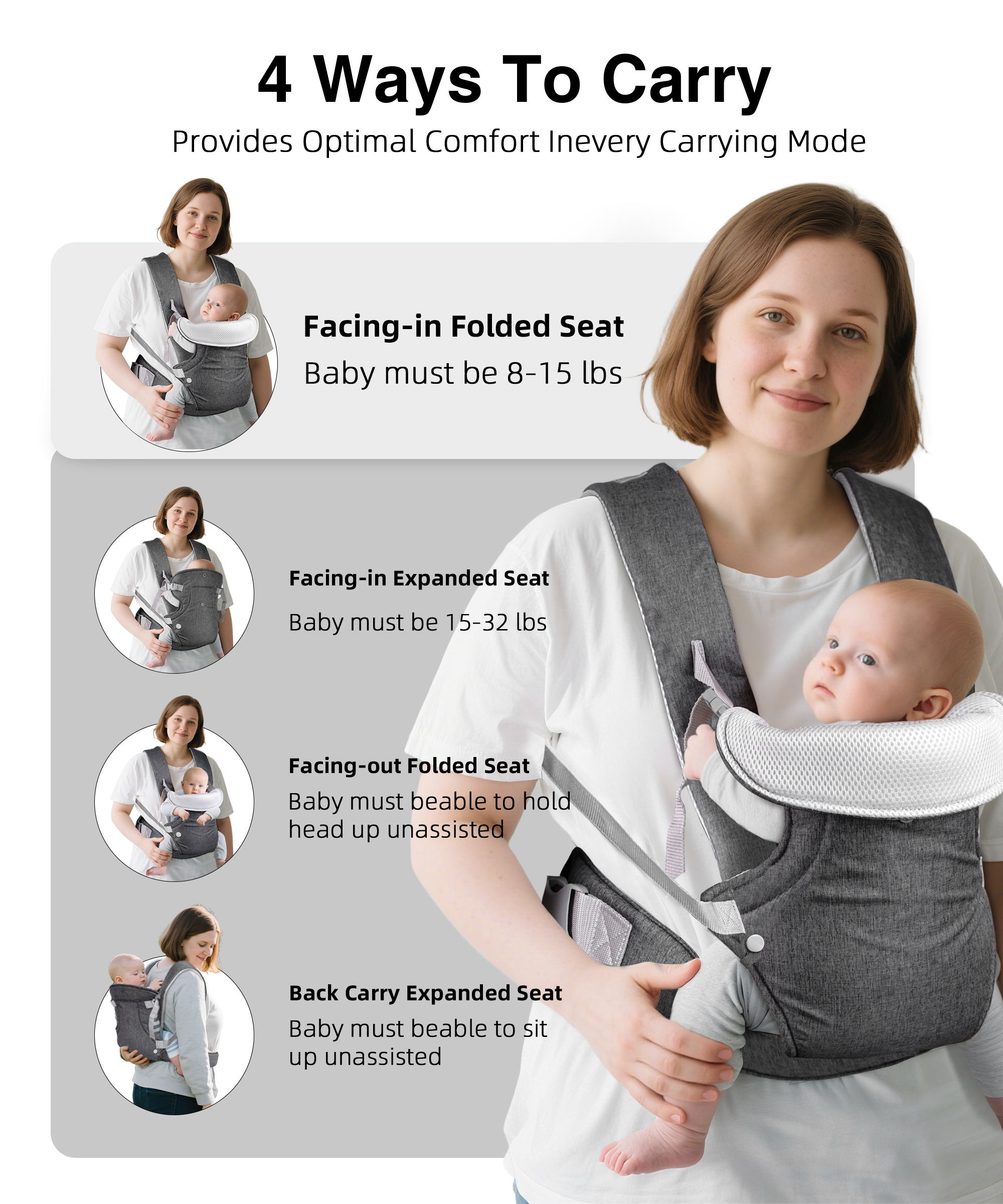 RUPOUN 4-Position Convertible Baby Carrier, Gray photo 5