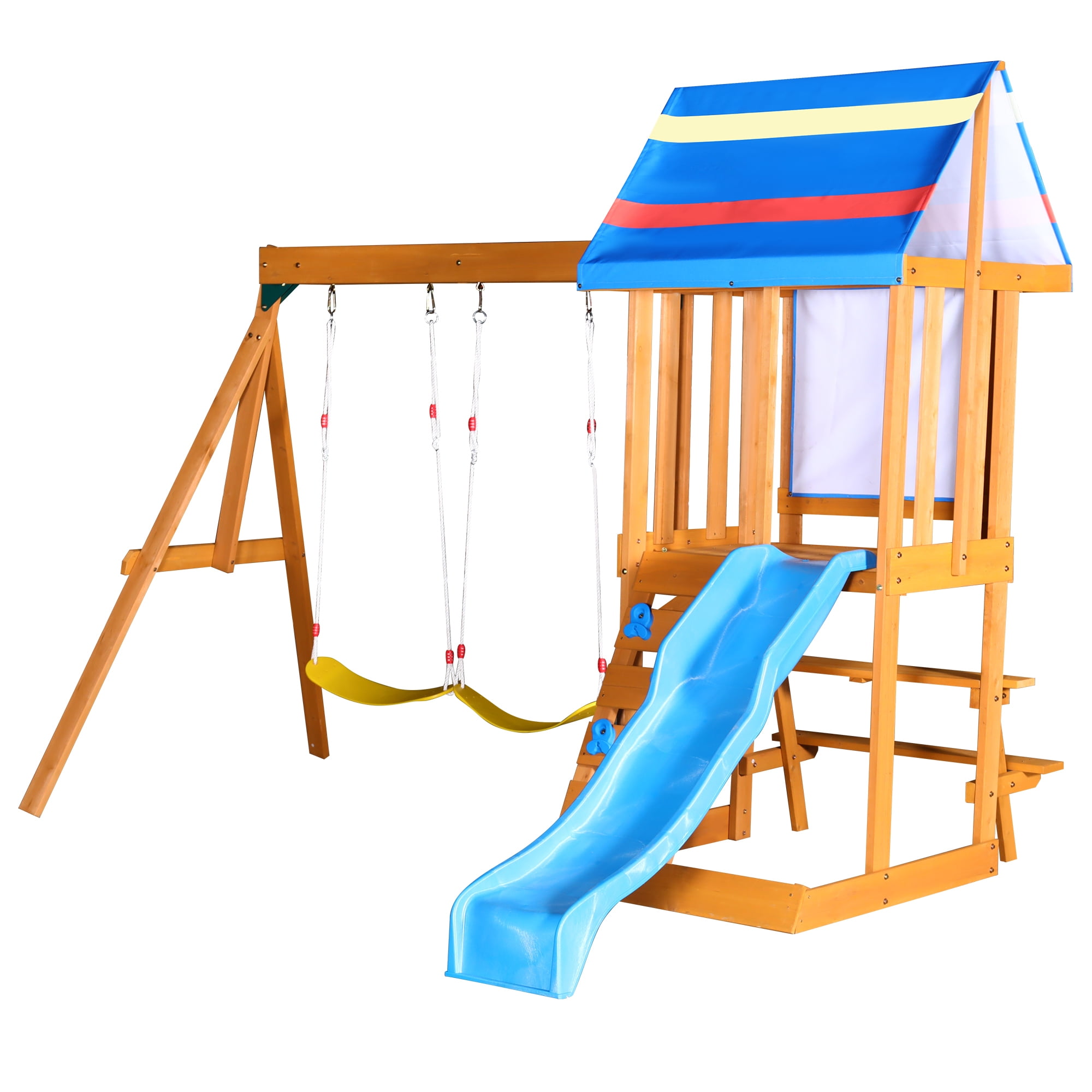 Wooden Outdoor Swing Set 3 in 1 Swing Set outdoor Children's Playset with Slide , 2 Swings and Climber for Garden, Backyard and Playground
