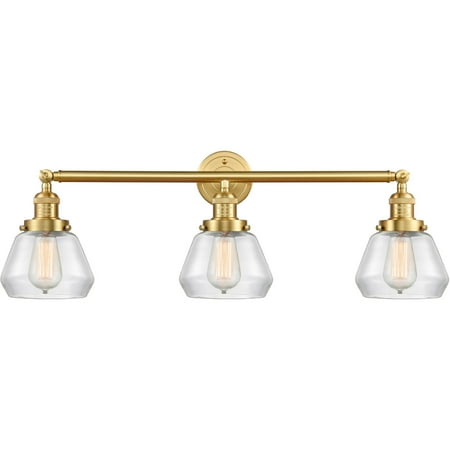 

Satin Gold Tone Bathroom Vanity 30 Wide Clear Glass Steel/Cast Brass/Glass Medium Base LED 3 Light Fixture
