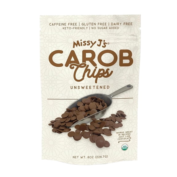 Missy J's organic Unsweetened Carob Chips 8 Oz, Vegan, Gluten and Caffeine Free, Healthy Substitute for Chocolate, Perfect for Snacks and Treats
