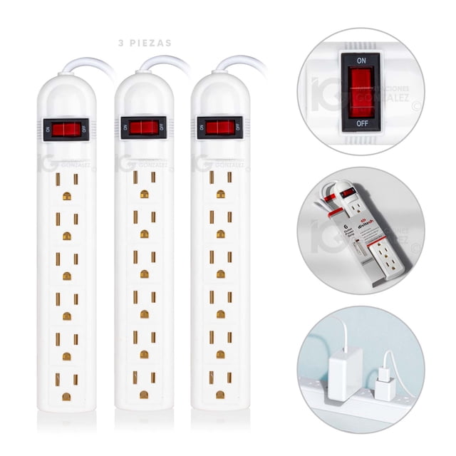 Multicontacto Divitech® Con 6 Entradas Y Cable De Cobre 1800w. Paquete De 3 Piezas Divitech® ELACMU-0001