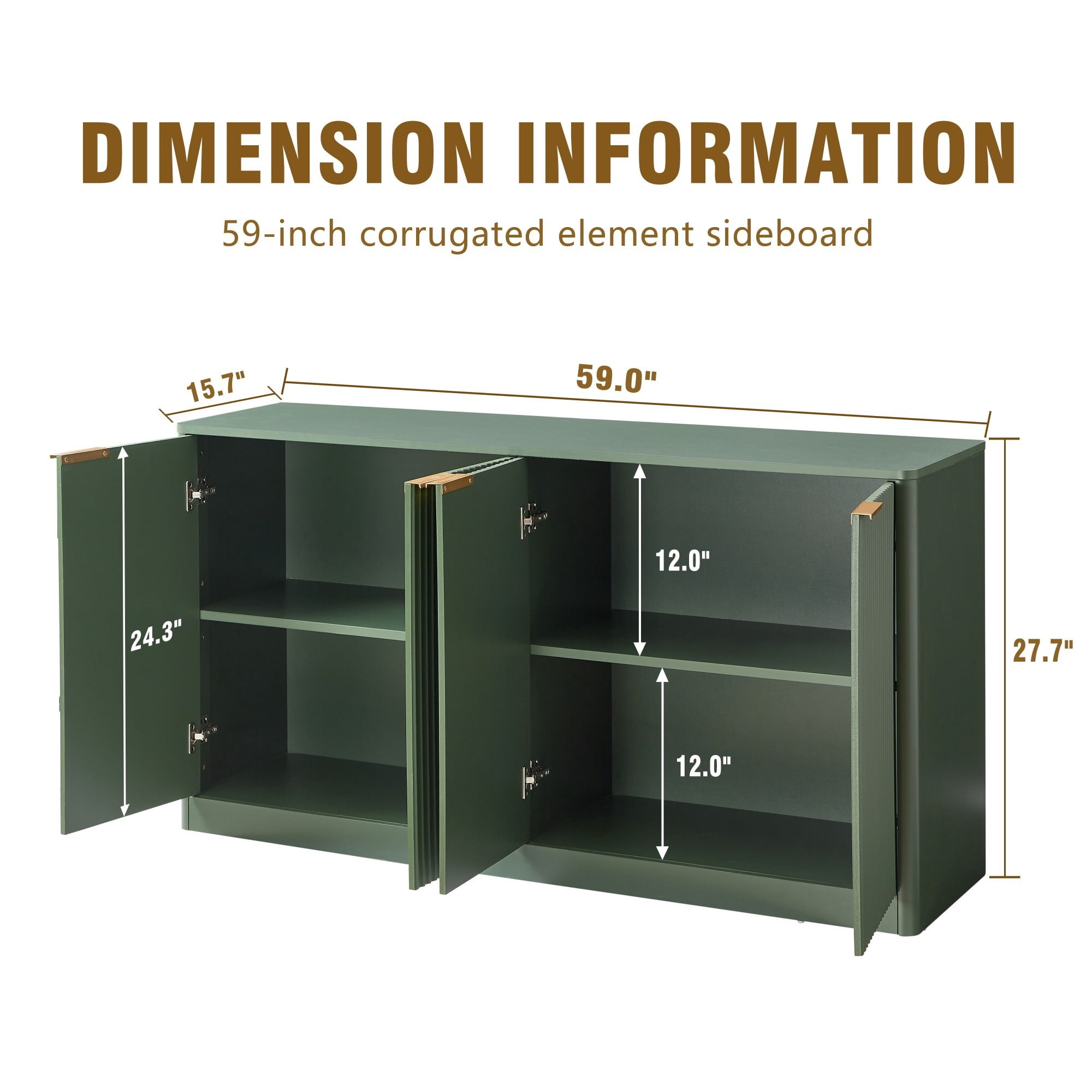 59" Modern Wavy Sideboard Cabinet, Curved 4-Door Storage Cabinet, TV Stand Buffet Cabinet for Living Room Bedroom Kitchen, Green