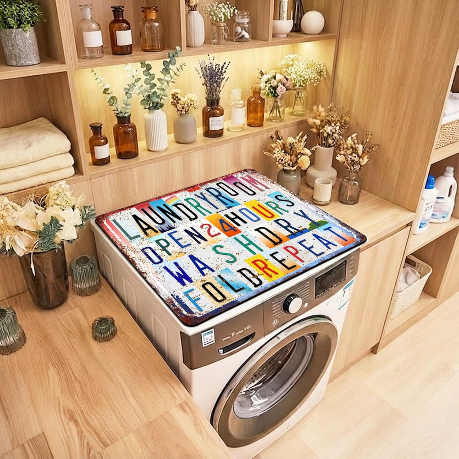 Non-Slip Washer & Dryer Top Cover Protector Mat Dust-Proof Washing Machine Cover Pad With Vintage Multicolor Laundry Sign Design Universal 23.6"x19.7" for Laundry Room & Kitchen Decor