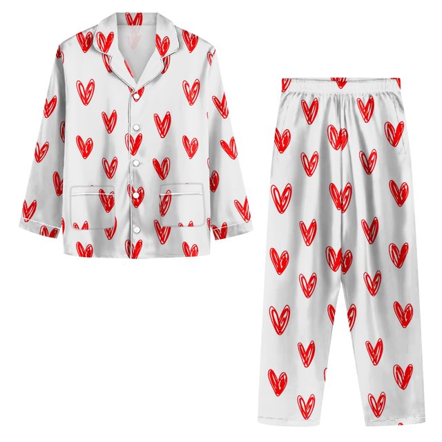 Pyjamas pour Femmes Ensemble, Ensemble 2 Pcs en Coton avec Pantalon Imprimé Cœur Chemise à Manches Longues avec Boutons et Pantalon Long Vêtements de Détente Rouges