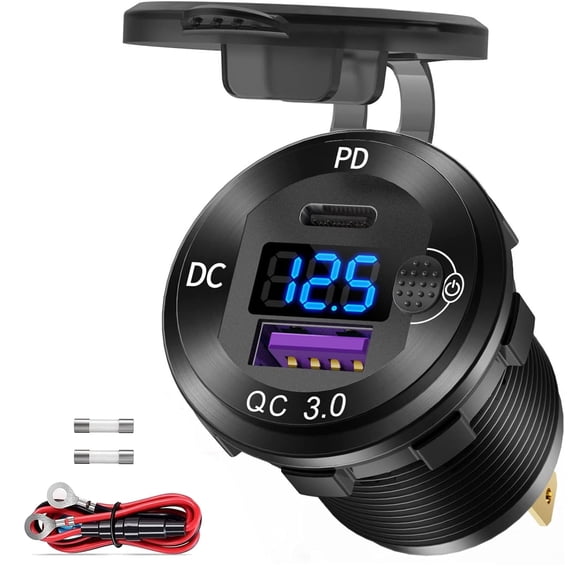 Aluminum Alloy USB C Car Charger Socket,12V USB C Outlet,PD 36W and Quick Charge 3.0 18W Dual Port Waterproof Power Adapter with Voltmeter and Switch for Marine Truck Motorcycle Boat Golf cart RV