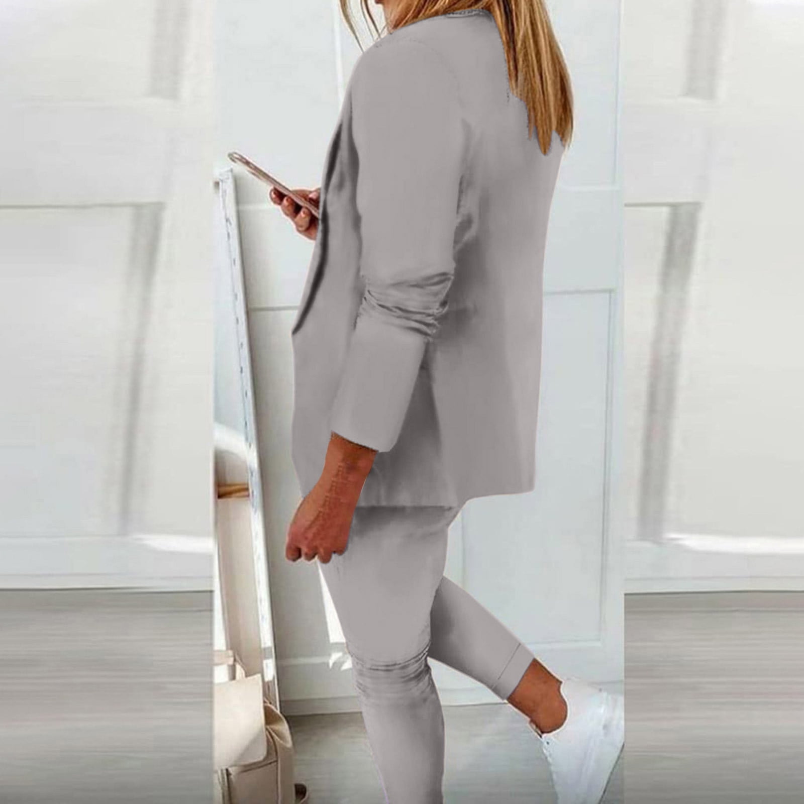 Dressy Business 2 Piece Sets for Women Fall Fashion Slim Long Sleeve Lapel Neck One Button Suit Jackets Fitted Out Work Solid Color Zip Trousers