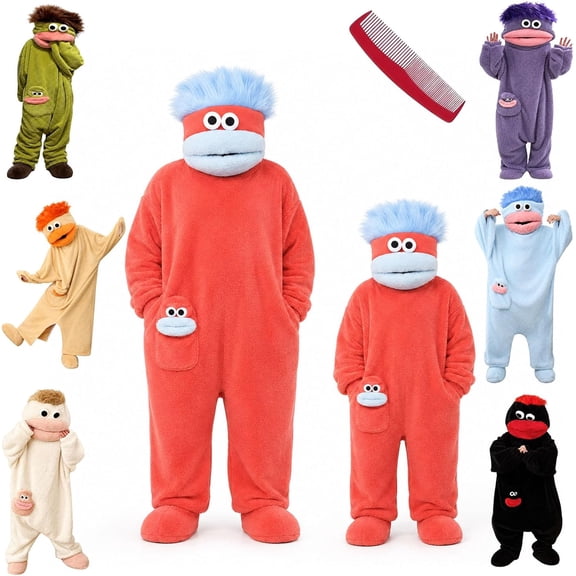 Funny Big Mouth Monster Adult Onesie with Large Comb Prop, Silly Puppet Cosplay One Piece Pajamas, Oversized Fleece Sleepwear for Parent & Little One