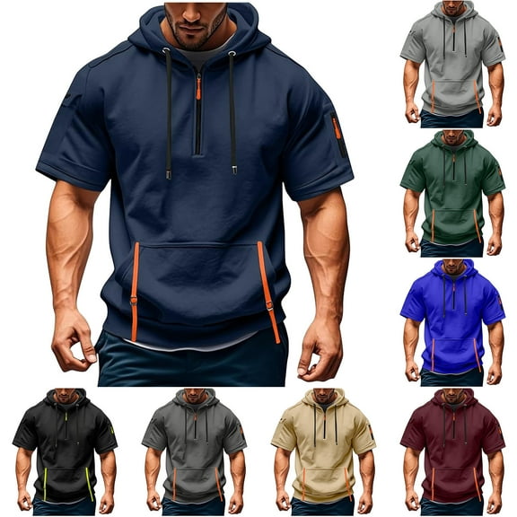 BXINGOHAI Men's Short Sleeve Hoodie Workout Gym Sweatshirt Muscle Fit Fashion Athletic Hoodies Pullover Hooded T-Shirts Navy,3XL