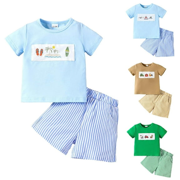 UAYOTSE Baby Girl Boy Summer Clothes Short Sleeve Tops Embroidery Tee Pattern Tshirt Vintage Plaid Short Pants Set toddler boy clothes(3-4 Years,Blue)