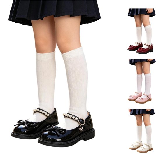 FINALGANG Kids Girls Adjustable Pearl Strap Front Bow Mary Jane Shoes Flat Block Heel Soft Insole Daily Dress Shoes Cute Shoes 8-9 Years