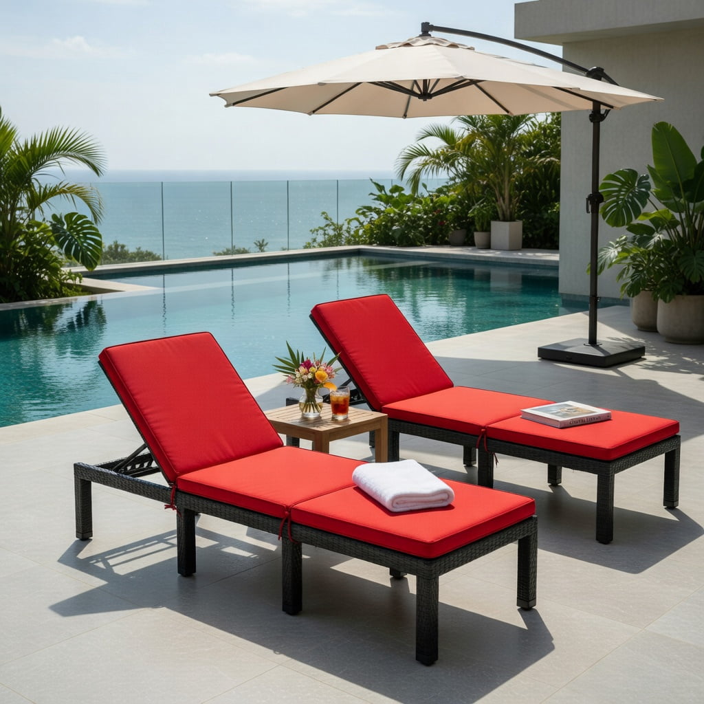 Hommoo Adjustable Height Outdoor Rattan Lounge Chair with Cushion, PE Wicker Patio Chair for Poolside, Garden, Porch, Red & Off-White