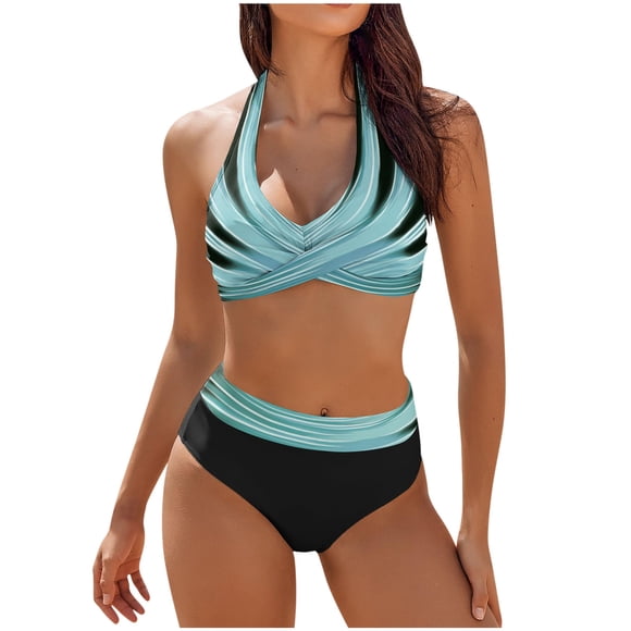 Pisexur Womens Two Piece Swimsuits Fahion Wrap Front Bikini High Waisted Bottom Tummy Control Bathing Suits Halter Vintage Retro Print Swimwear
