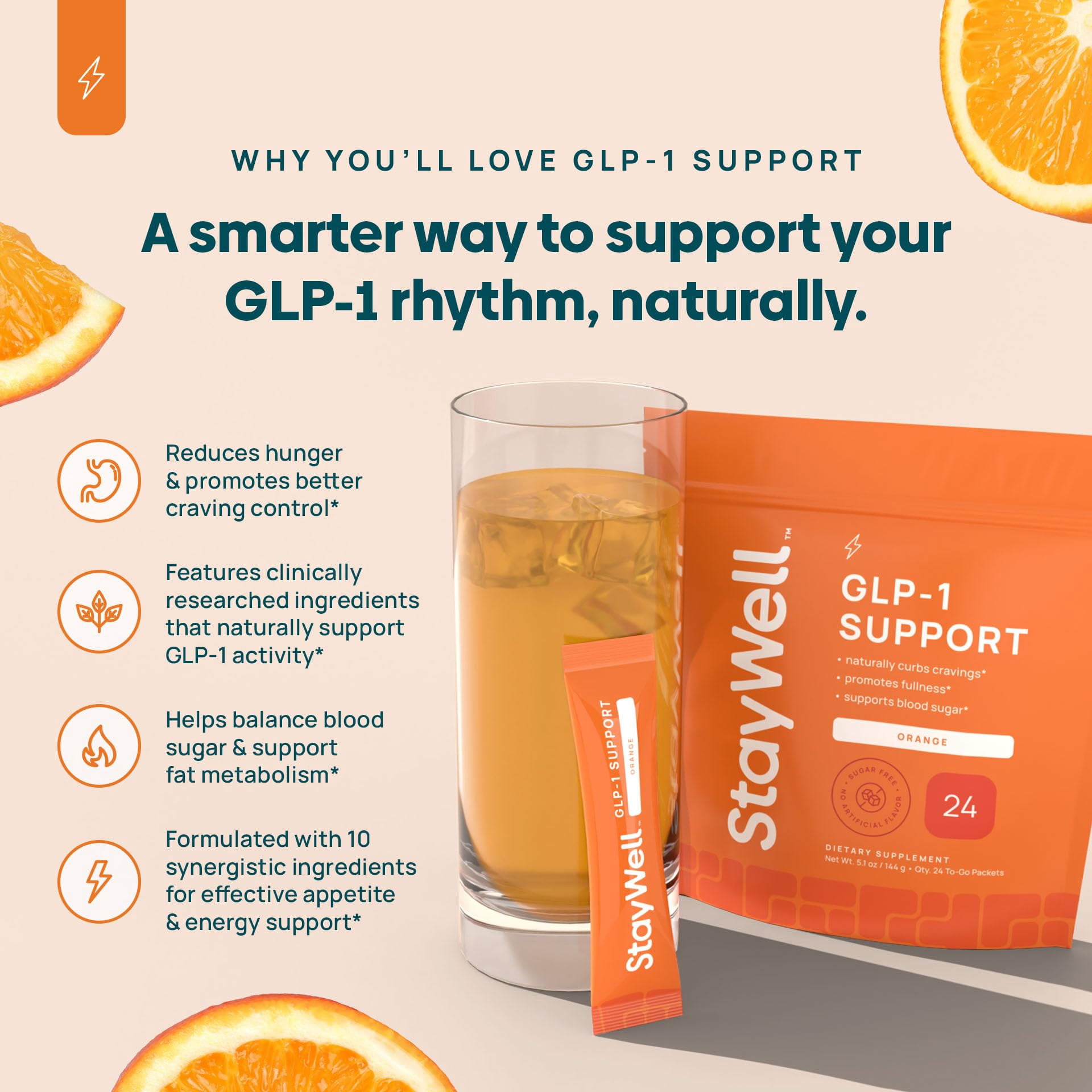 GLP-1 Supplement | Natural GLP-1 Production | GLP 1 Booster Drink Mix to Control Appetite and Cravings | Great Tasting Metabolic Support - Yerba Mate, Garcinia Cambogia, Berberine [Orange]