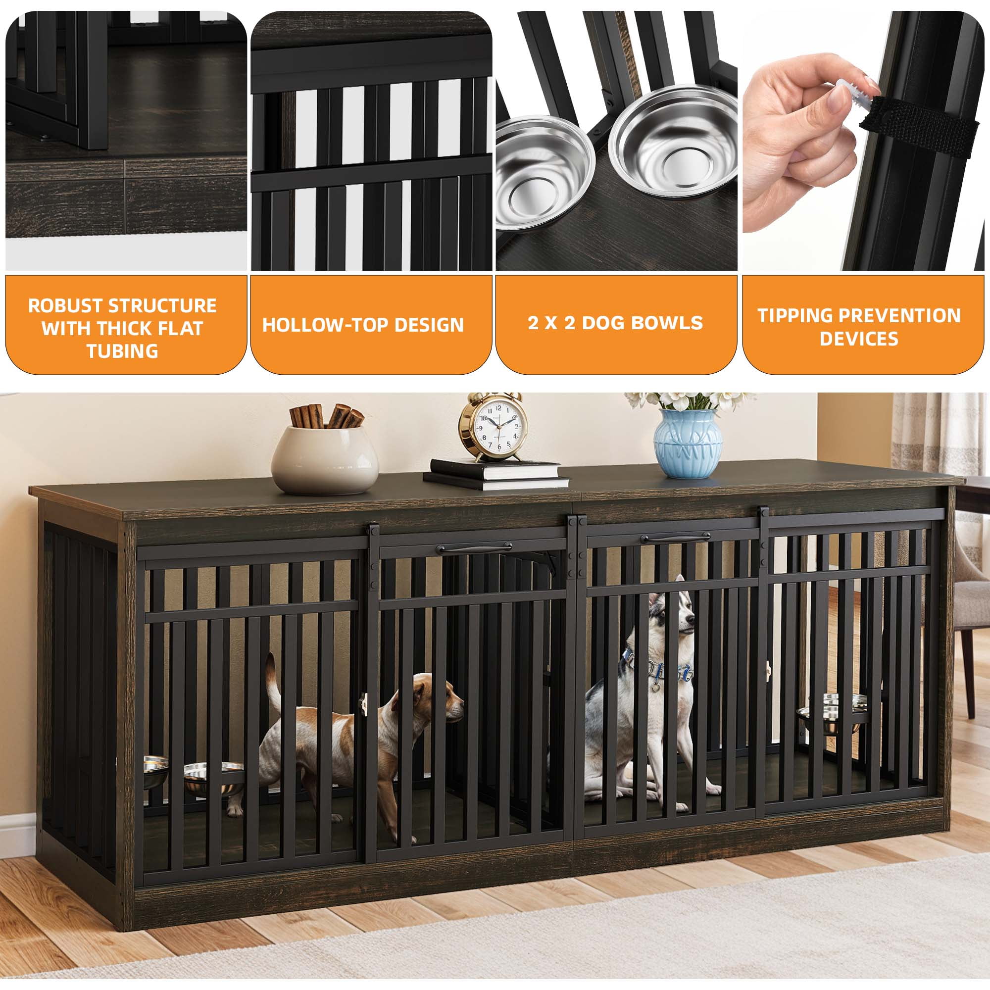 Craftian 71In Farmhouse Dog Crate TV Stand, Wooden Dog Kennel Furniture with 4 Dog Bowls, Large Dog Crate Furniture for 2 Dogs - Black Oak