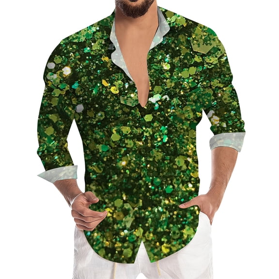 XDZJLR Dress Shirts For Men Sparkly Glitter Sequin Print Shirt Long Sleeve Casual Button Down Festival Celebration For Disco Party Nightclub Prom L