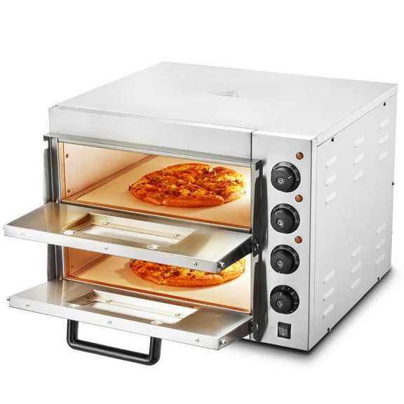 KFFKFF Industrial Pizza Cooker for Countertops, 16" Dual Tier, Metallic Electric Pizza Baking Device with Stone and Handle, Versatile Indoor Pizza Creator for Diner Household Pretzels Baked