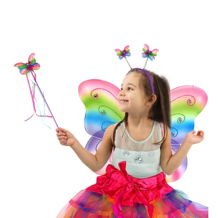 Mozlly Kids Neon Rainbow Glittery Butterfly Fairy Tutu Costume - Includes Wings, Tutu, Wand and Headband - Pretend Play Dress Up For Girls Age 3+ Wing size: 17.7 x 12.5 x 1 inches (4pc