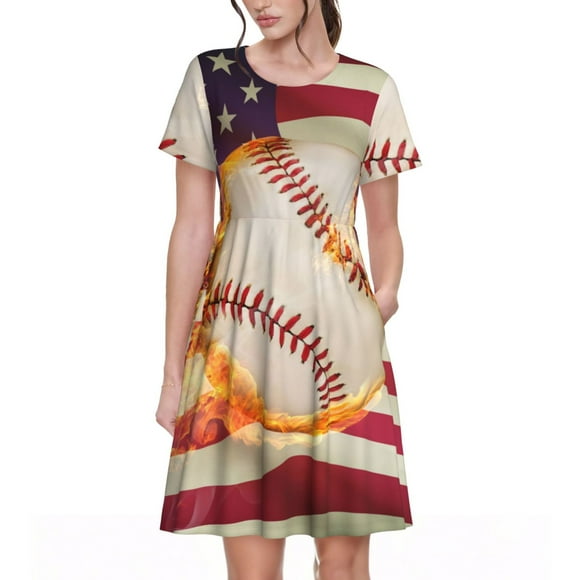 Lsque Baseball Ball With Flag Print Women's Casual Dress T-Shirt Summer Short Sleeve Scoop Neck Swing Dresses