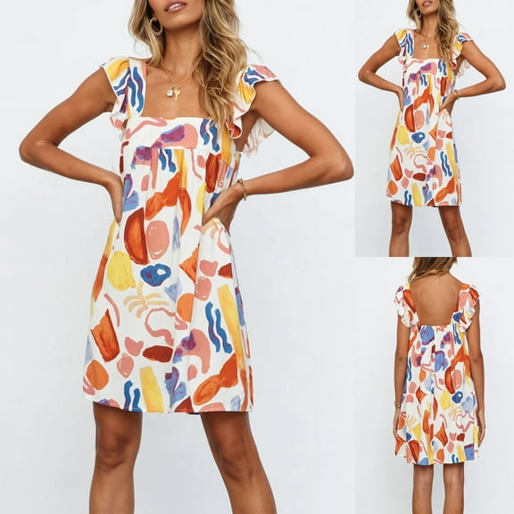 Women Dresses Leisure Dresses Printed Loose Sling Sleeveless Printed Sexy Fashion Dresses Multicolor Trendy Skirt Size L
