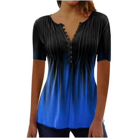 

Wenini Corset Tops For Women Gradient Printing Tunic V-Neck Short Sleeve Summer T-Shirts Hawaiian Fashion Casual Sexy Fold Blouses Tops with Button Dark Blue L