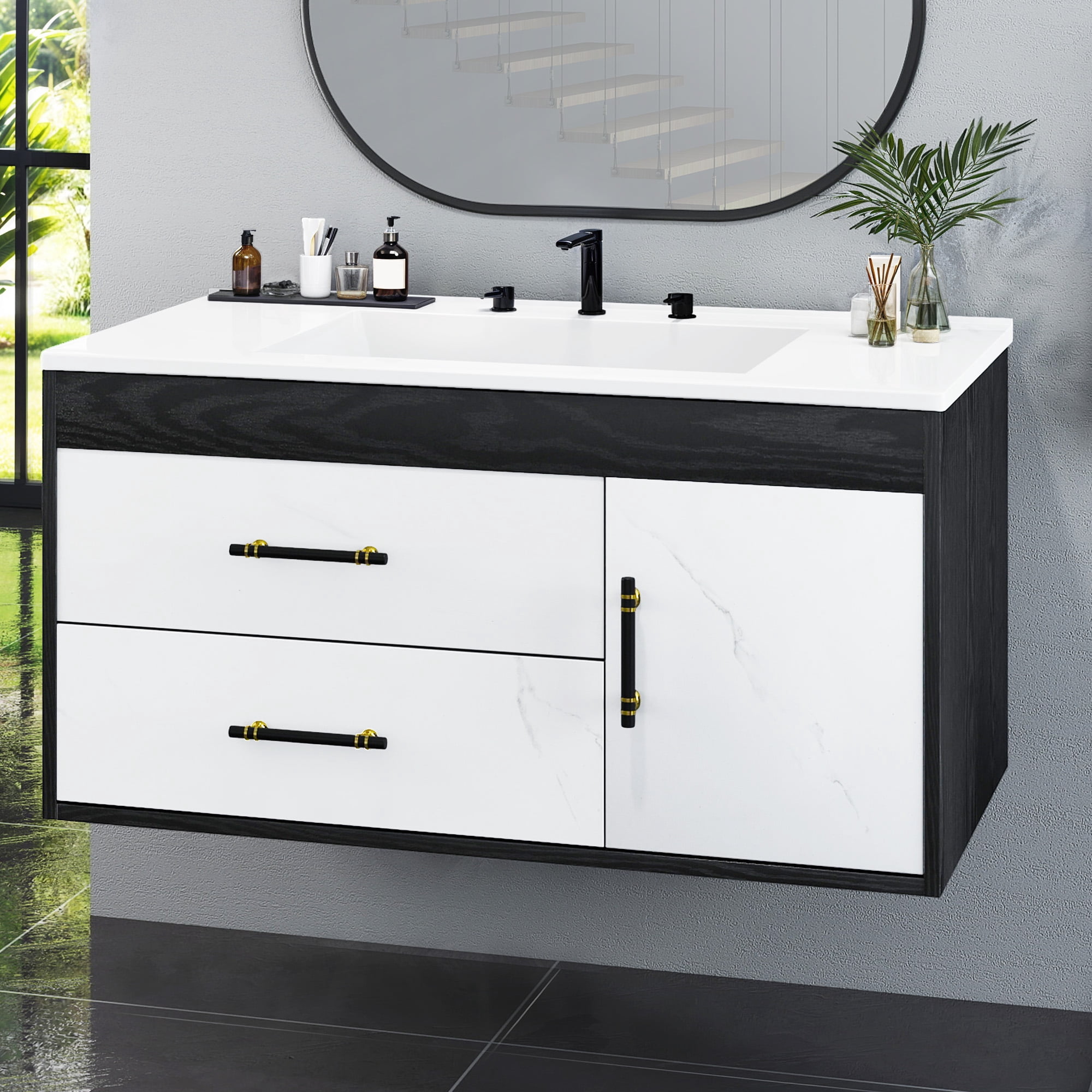 ModFusion 37" Bathroom Vanity Cabinet with SMC Single Basin & Dual Drawers with Soft-Close Doors, Black White