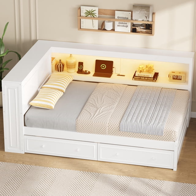 Full Size Wood Daybed with Storage Shelves, USB, LED, and 2 Drawers, White