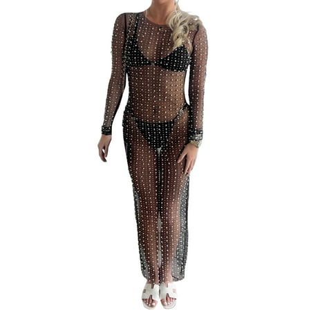 Women s Sheer Mesh Pearl Rhinestone Cover Up Beach Dress Swimwear Bikini Swimsuit Bathing Suit Coverups
