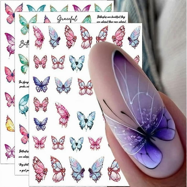 6 Sheets Colourful Butterfly Nail Stickers,3D Butterfly Nail Art Stickers Spring Nail Decals Nail Art Supplies Holographic Butterflies Flower Nail Des