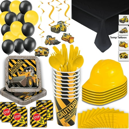 1st Birthday Party Loot Bags - Construction Party Supplies - 16 Guest - Plates, Cups, Napkins, Tablecloth, Cutlery, Loot Bags, Balloons, Hanging Decorations, Hard Hats, Tattoos - Black and Yellow Builder Zone Theme Birthday