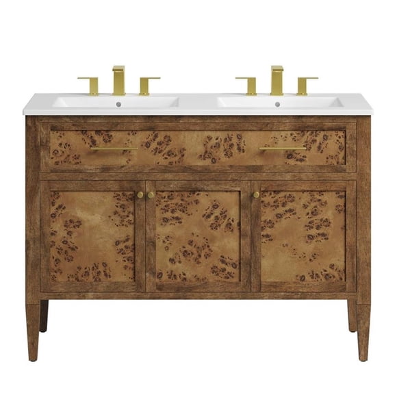 Pemberly Row 48" Double Sink Wood Bathroom Vanity in White and Brown