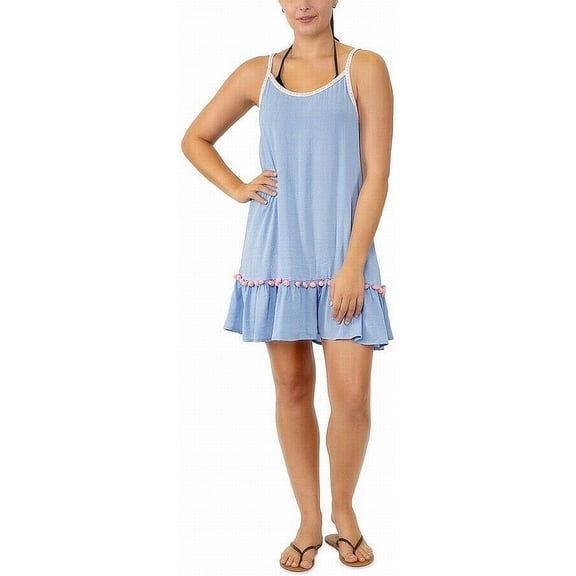 Miken Womens Swimwear Dress Large Adjustable Pom-Pom   Blue L