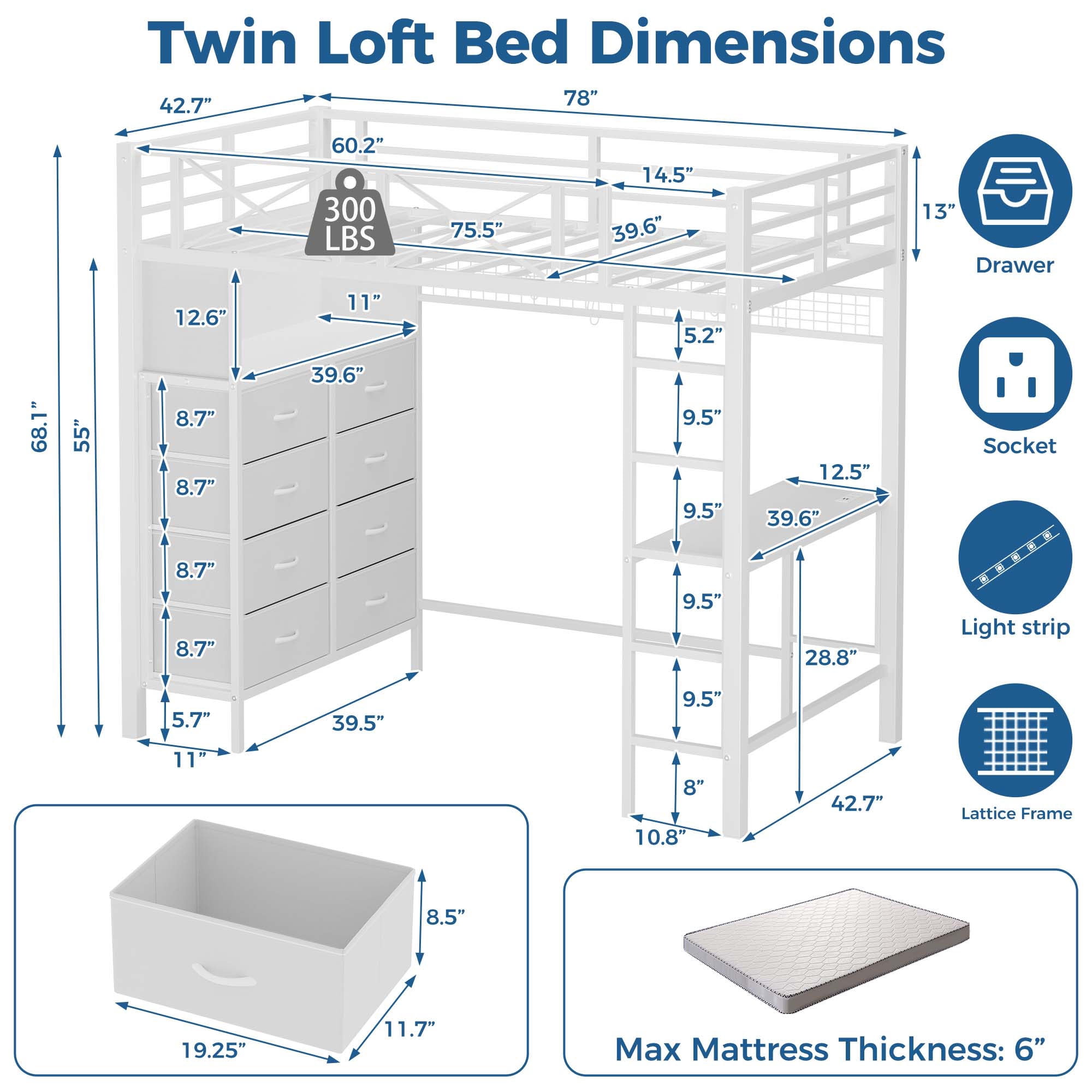 Miniyam Twin Metal Loft Bed with Desk and 8 Drawers Storage,USB Charage and LED Light,White