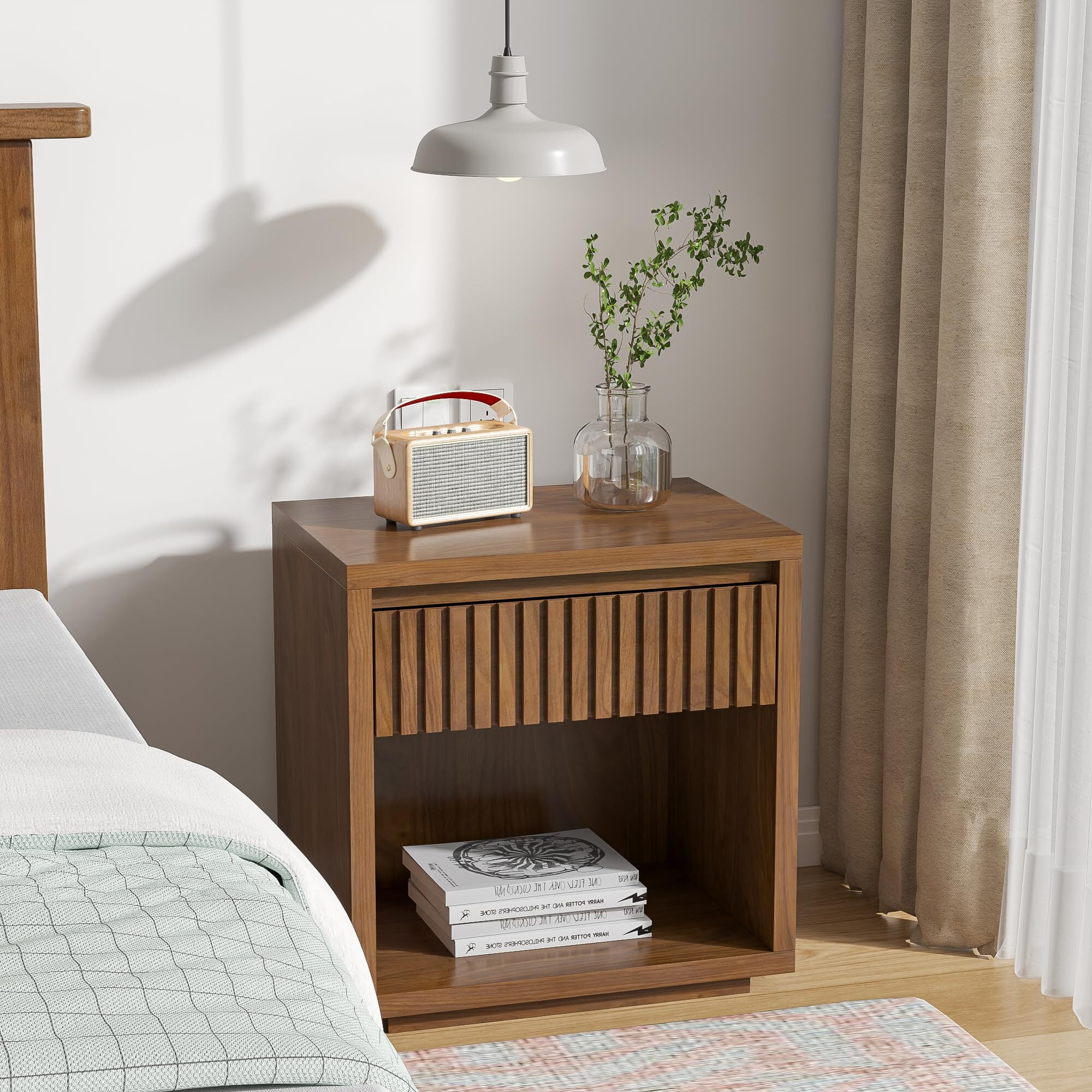Fluted Nightstand with Drawer Storage, Mid Century Bedside End Table for Bedroom, Walnut, 1 pcs