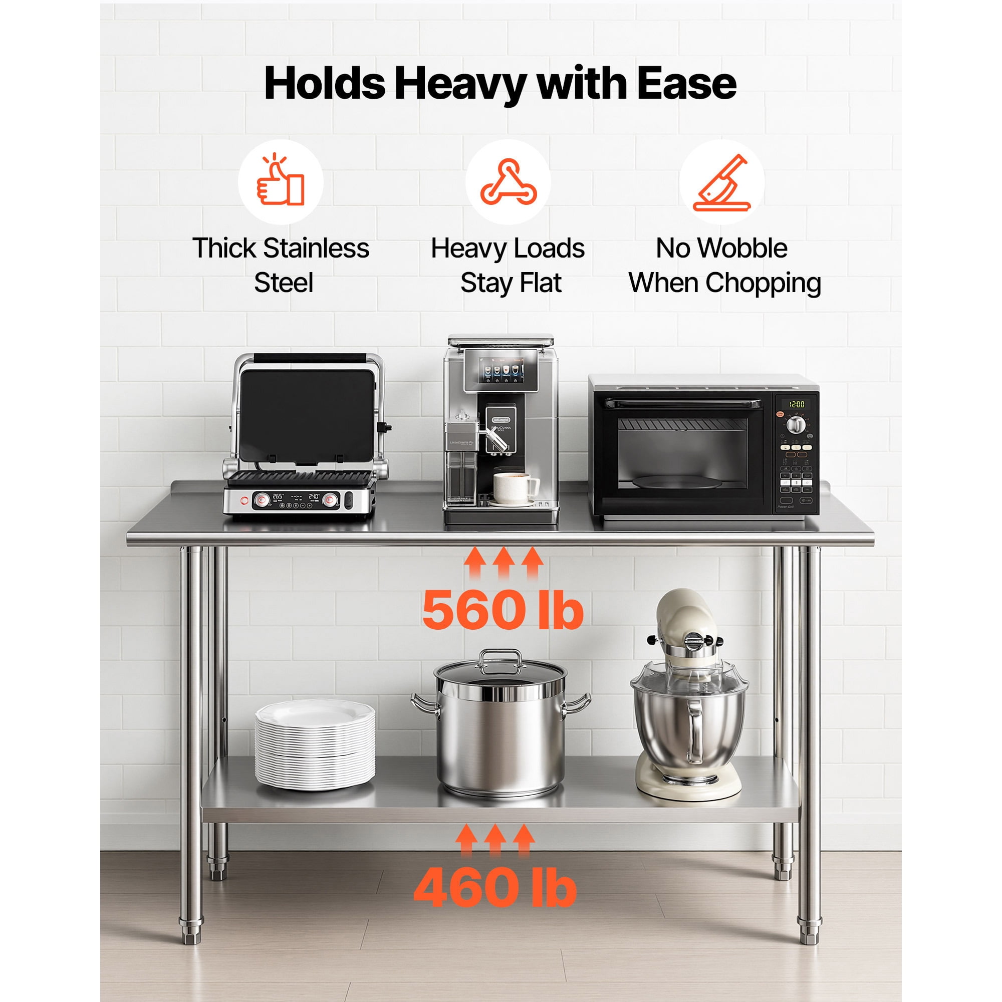 KFFKFF Stainless Steel Work Table, 24x60 Inch Food Prep Station with Backsplash, Commercial Kitchen Table with Adjustable Undershelf, Durable Metal Utility Workstation for Restaurant, or Outdoor Use