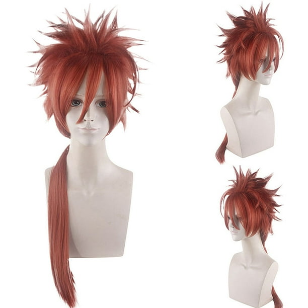 Peluca para cosplay con punta roja y cola de caballo larga, 75 cm, pelo sintético