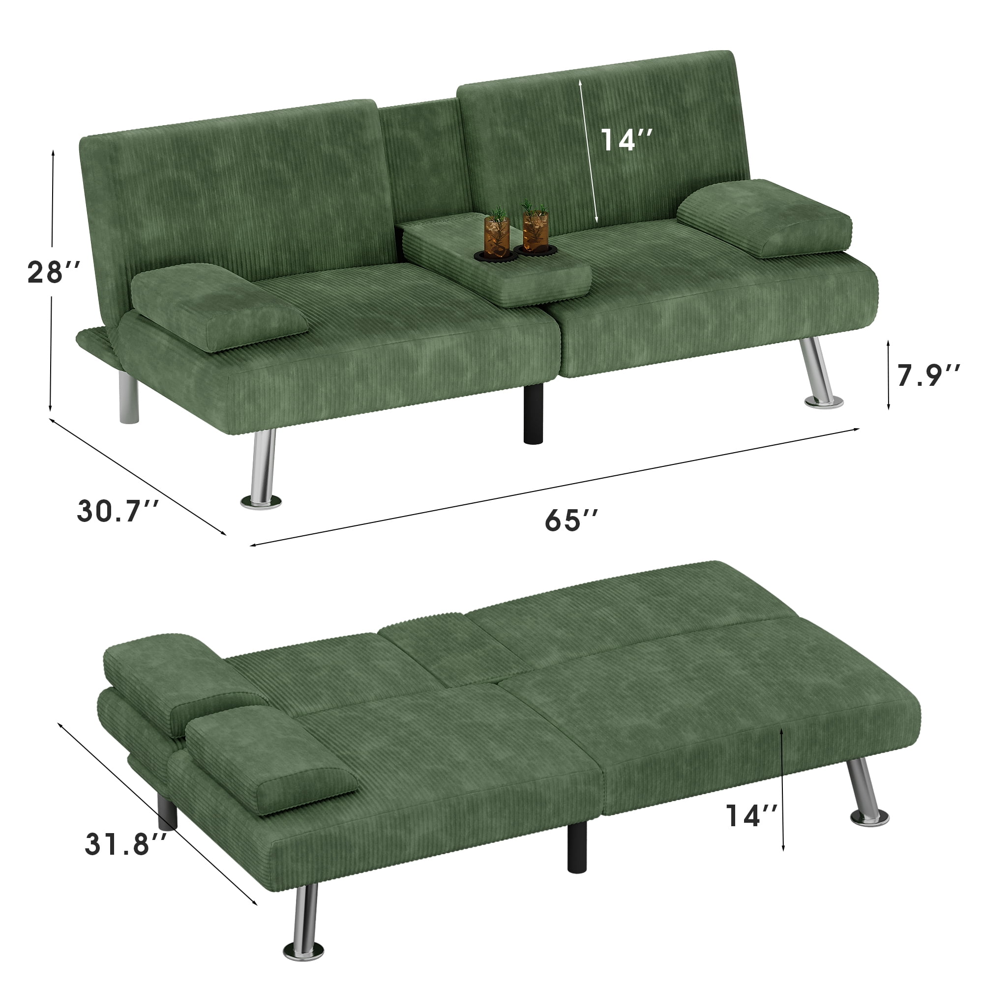 Homall  Futon Sofa Bed with Armrests and Cup Holders,  Adjustable Backrest Angles, Convertible bed, Green