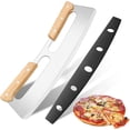 thumbnail image 1 of One Cortador de pizza basculante, doble mango de madera Cortador de pizza, cortador de pizza de acero inoxidable, con cubierta protectora, adecuado para cortar pizza, 1 of 5