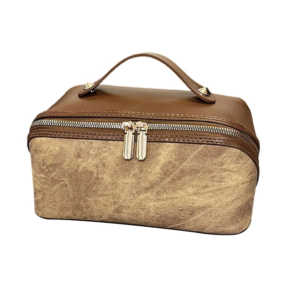 Color Block Leather Cosmetic Case - Dual Zipper Makeup Organizer - Upgraded Divided Storage Bag for Beauty Products & Toiletries