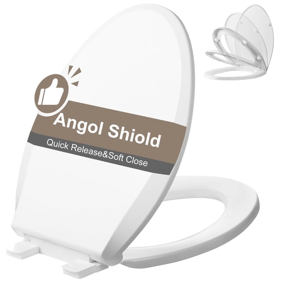 Angol Shield Elongated Toilet Seat - Slow Close & Quick Release Hinges, Contoured Design with Grip-Tight Bumpers, Easy Clean PP Material (Elongated 18.5'', White)