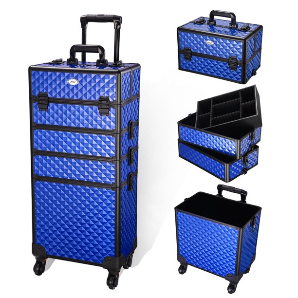AW® Classic Blue 4in1 Rolling Makeup Case on Wheels Cosmetic Storage