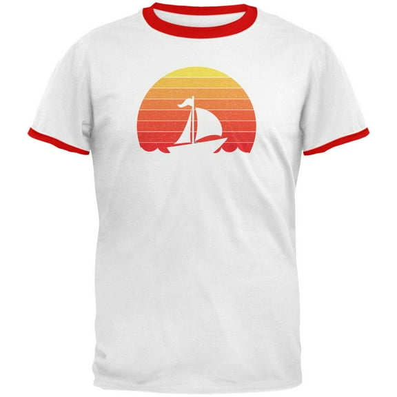 Marina Ocean Sail Boat Silhouette Retro Sunset Mens Ringer T Shirt White-Red X-LG