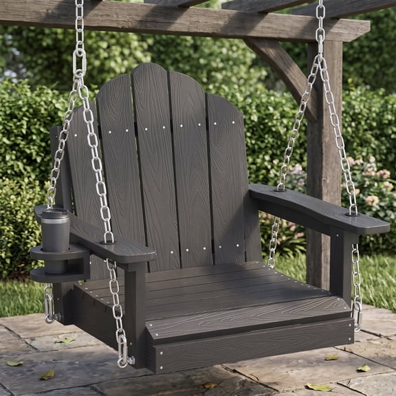 AwayHome High Density Polyethylene Single Porch Swing with Cup Holder,holds one adult to 300 lb, Black