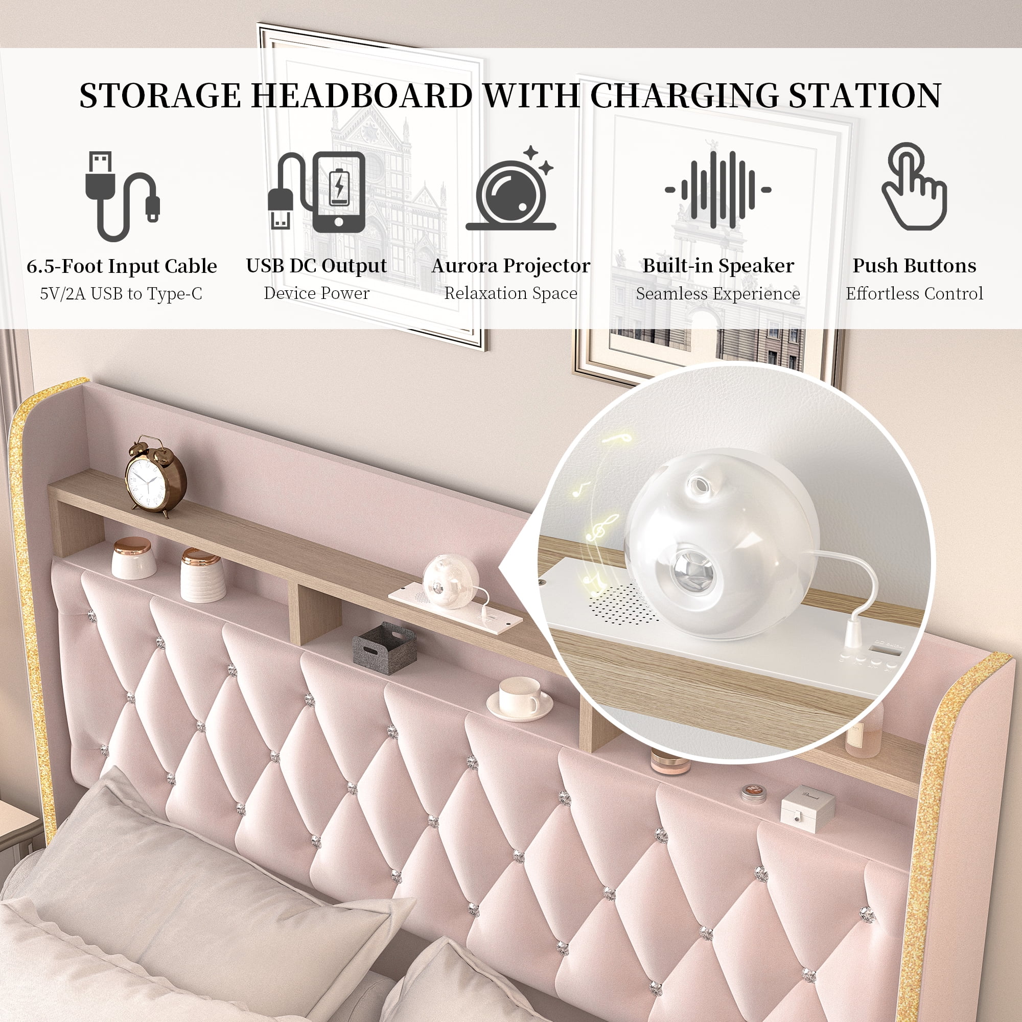 SIBEDS LED Bed Frame with 2 Storage Drawers and Galaxy Star Projector Velvet Upholstered Pink Tufted Wingback Headboard, Full